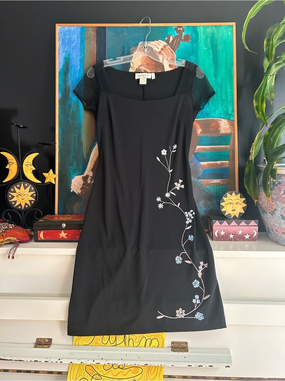 Le Chateau Y2K Black Floral Mini Dress Sheer Mesh Sleeve Made USA S